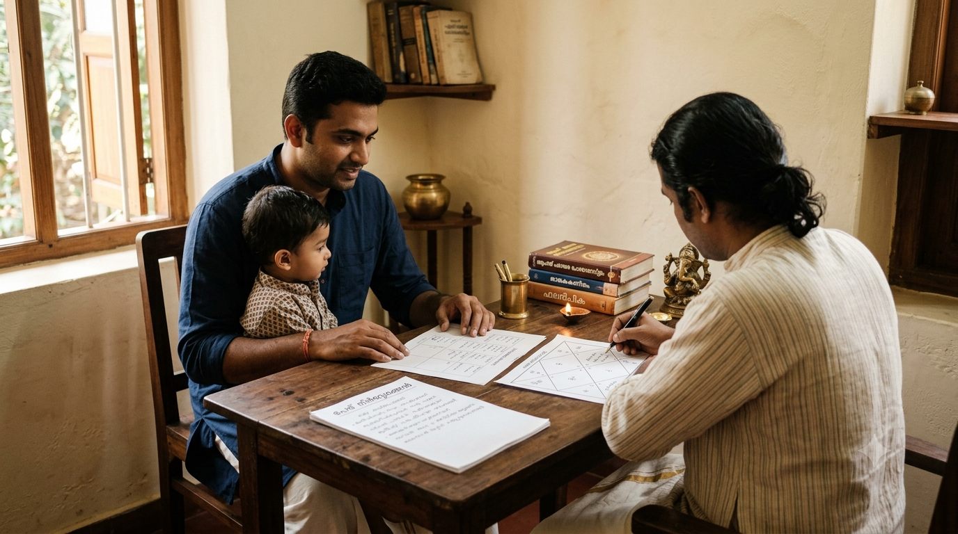 A father with his child at a consultation while the consultant writes out a chart